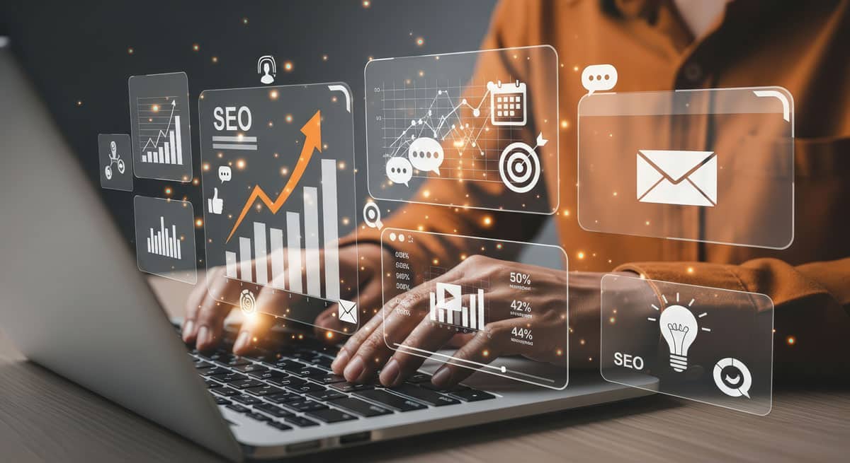 Laptop with graphs and SEO statistics above it.