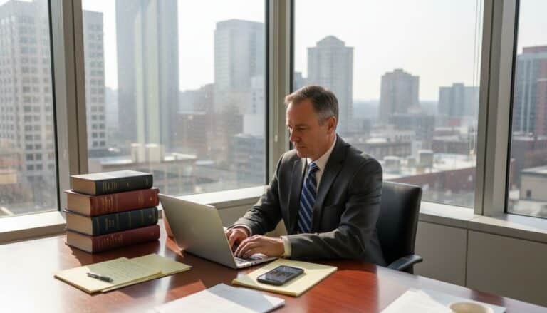 Attorney working on law firm SEO at desk