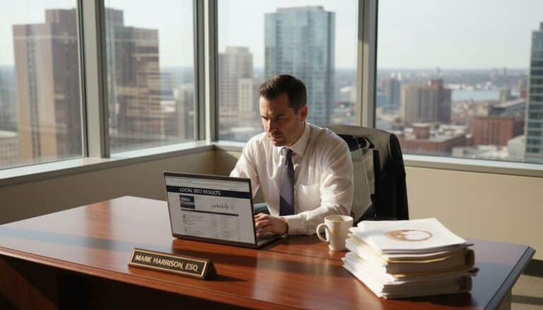 Attorney reviews SEO results in bright corner law office