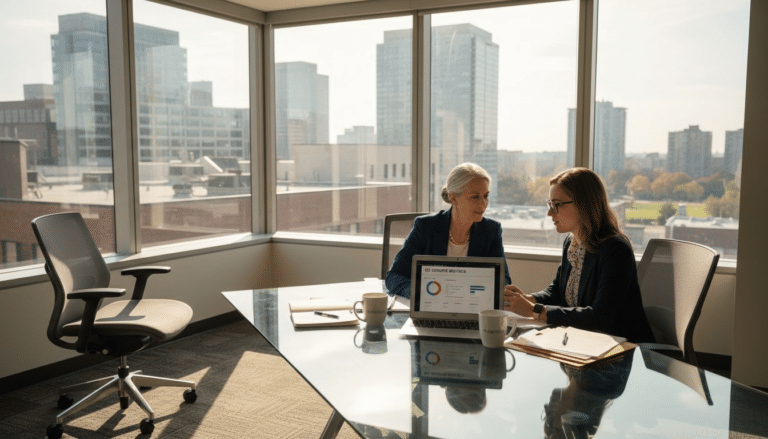 Lawyers in sunlit office reviewing marketing report