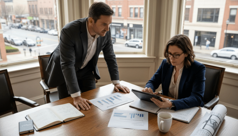 Lawyers at conference table discussing campaign