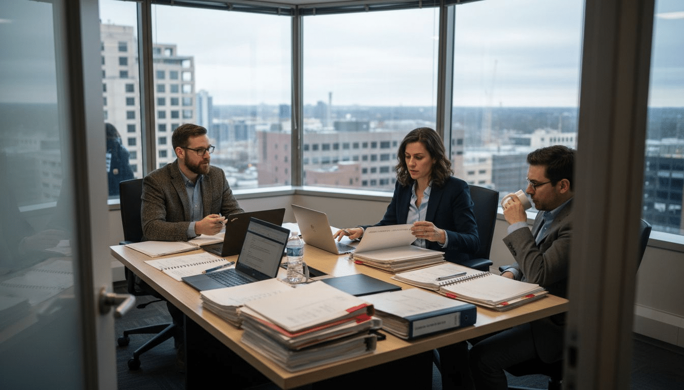 Attorneys meeting in law office conference room